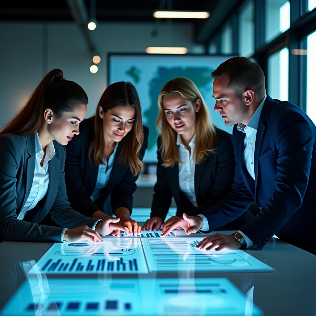 Equipo de profesionales analizando datos en oficina moderna