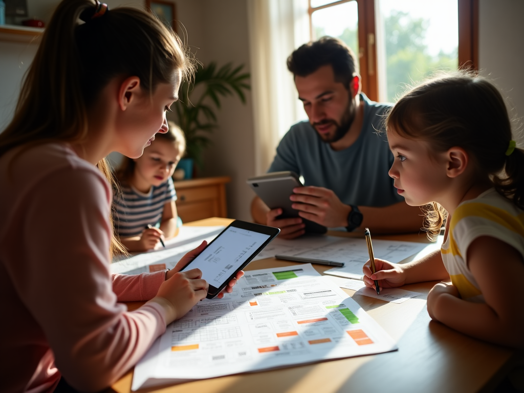 Familia revisando facturas de electricidad en el salón de su casa